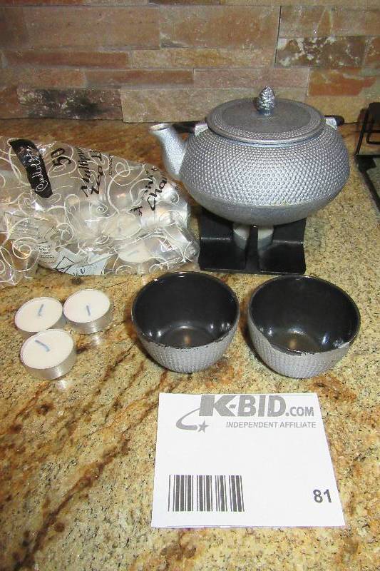 lot 81 image: Candle heated tea pot with 2 tea cups.. Heavy metal