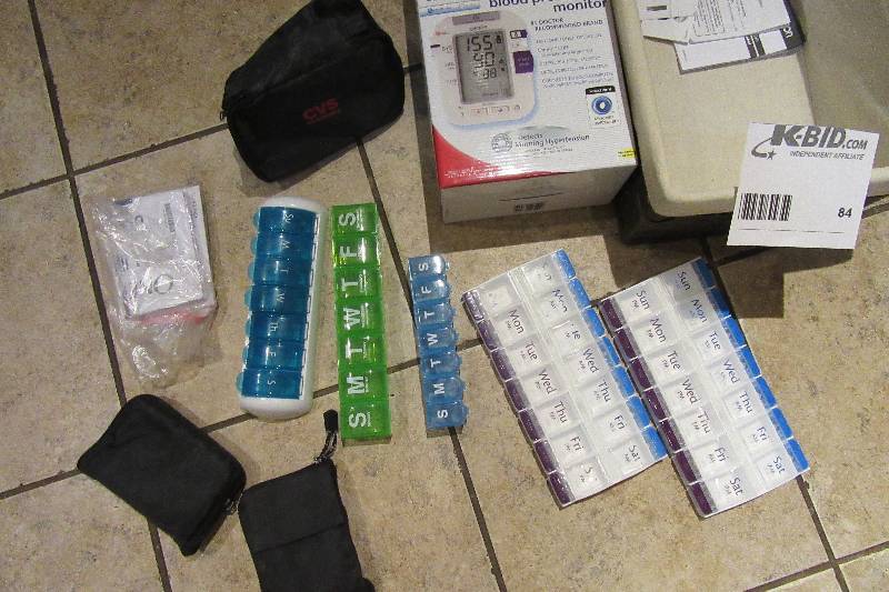 lot 84 image: Misc. Health related items.. Blood Glucose meter, Blood pressure gauge.. More as pictured