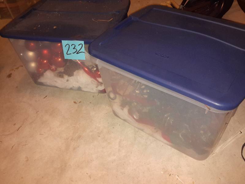 lot 232 image: 2 tubs of Christmas decorations as shown Tubs included
