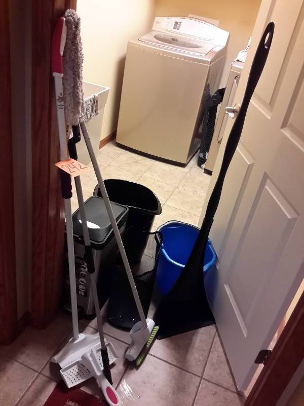 lot 242 image: Misc. Brooms, mops, garbage cans as shown