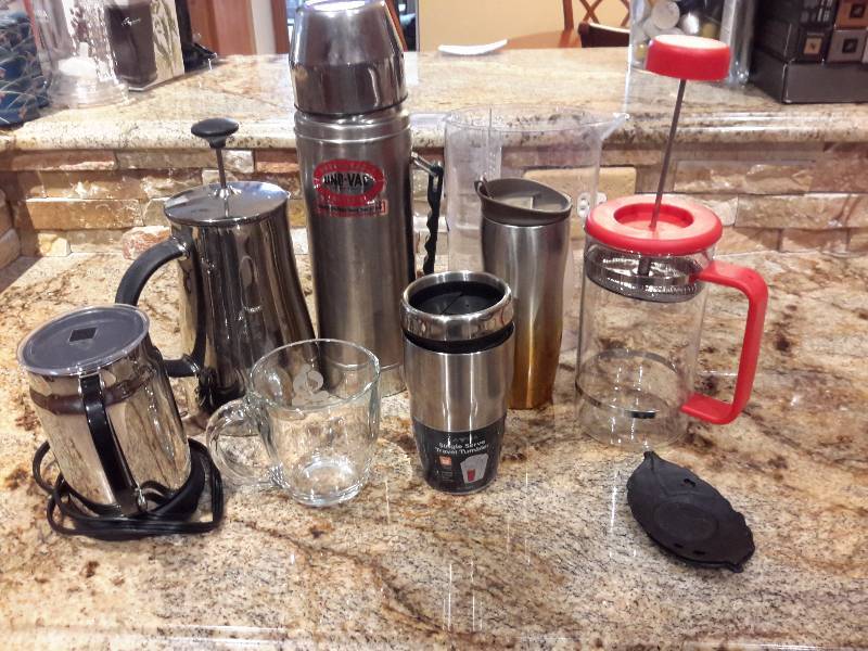 lot 119 image: Electric Milk foamer.  Misc. French Press Coffee equipment.. Very nice Econo Vac thermos, stainless coffee mugs