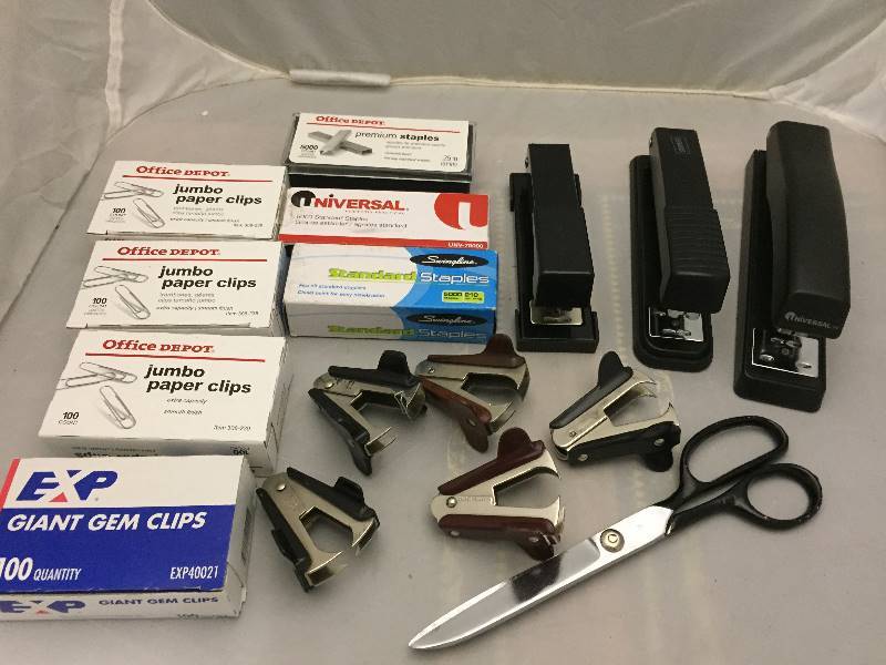 lot 48 image: Office Supplies - Staplers, Staple Removers, scissors, paper clips, staples