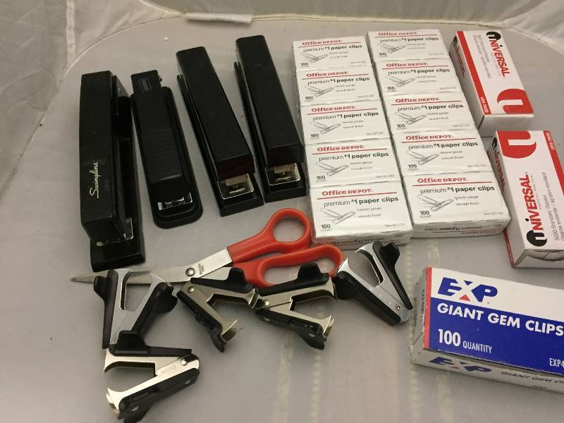lot 54 image: Office Supplies- Staplers, Staple Removers, Scissors, Paper Clips, Staples