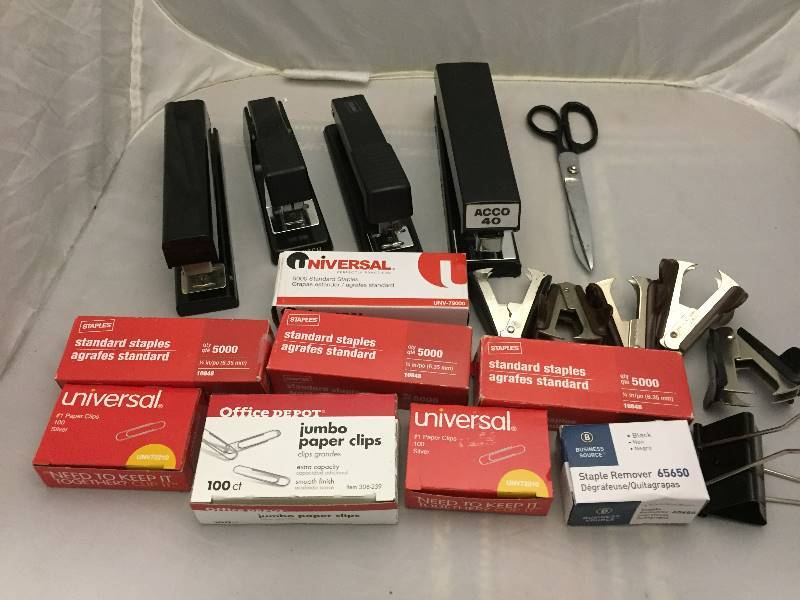 lot 55 image: Office Supplies - Staplers, Staple Removers, scissors, paper clips, staples