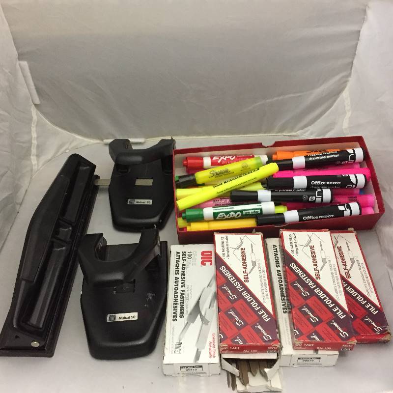 lot 82 image: 2 & 3 Hole Punches, Highlighters, File Folder Fasteners