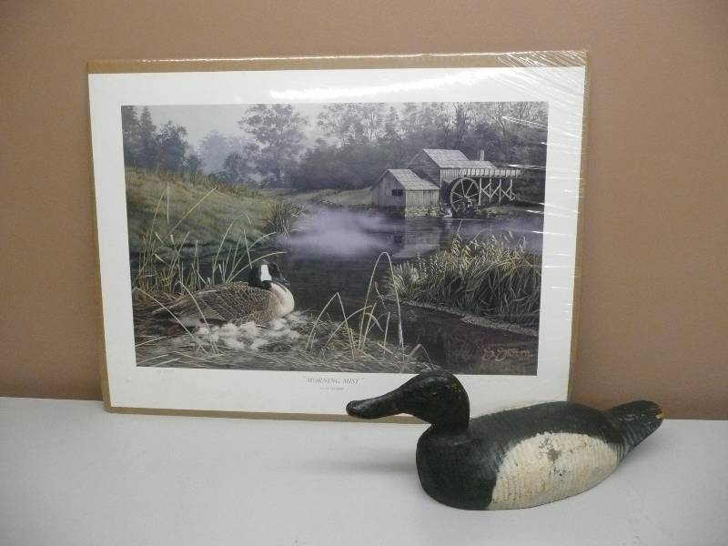 lot 31 image: 1995, SCOT STORM SIGNED & NUMBERED 315 OF 330 - Morning Mist By Scot Storm - Approx 26wide 18 12high - VALUED AT OVER $100.00 - WVINTAGE DECOY - SEE PICTURES