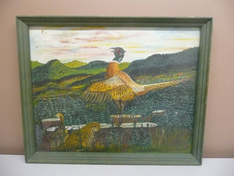 lot 33 image: 1950s HAND PAINTED FOLK ART PHEASANT - IN ORIGINAL FRAME - APPROX 25 BY 20 - SEE PICTURES