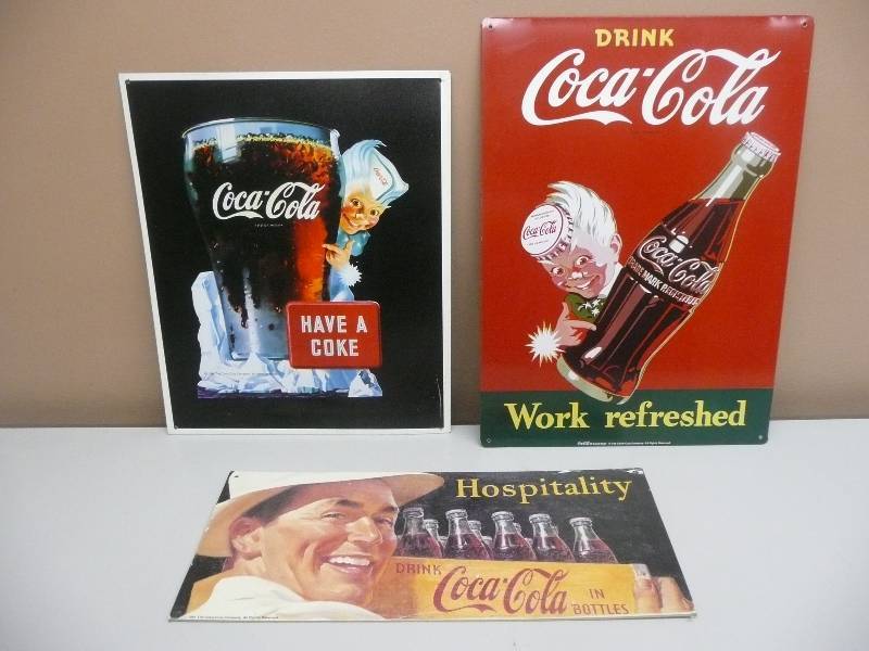 lot 41 image: VINTAGE COKE COLLECTION - 3 SIGNS - WORK REFRESHED 12 BY 17, HAVE A COKE 12 BY 15, HOSPITALITY 16 BY 8 - ALL IN GOOD CONDITION SEE PICTURES