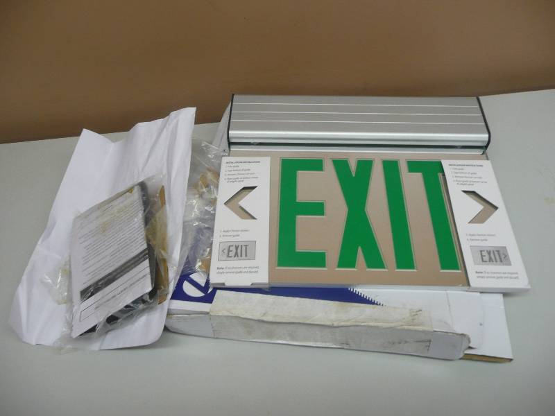 lot 49 image: NEW IN BOX - Green LED EDGE LIT Emergency Exit Light Sign - Edge Lit  LITHONIA LIGHTING - SEE PICTURES