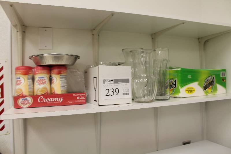 lot 239 image: Glass Vases, Pie Tins, Coffee-mate, Bounty Napkins, Wine Glasses
