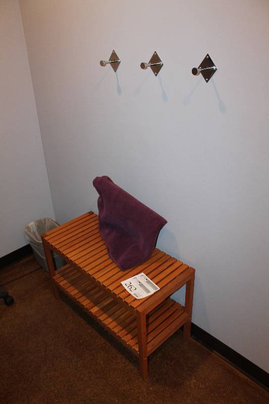 lot 262 image: Wood Bench, Coat Hooks, Waste Basket