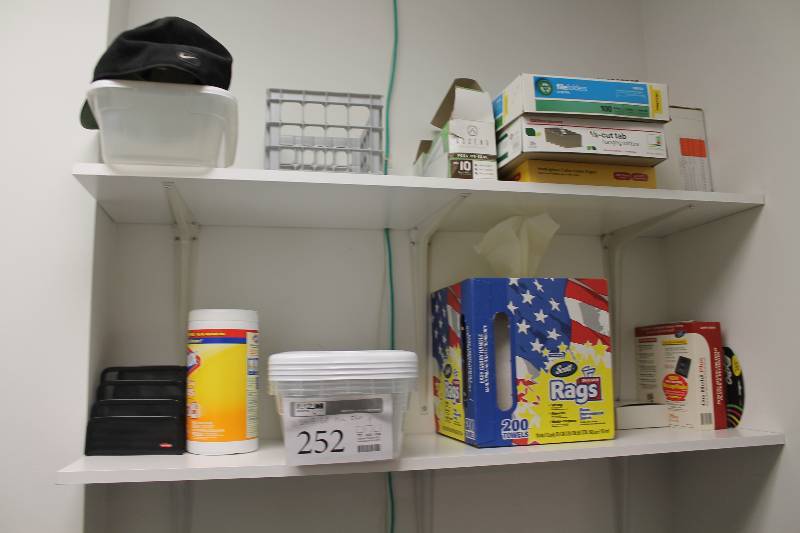 lot 252 image: Plastic Bins w Lids, Bag Of Rags, File Folders, Cleaning Supplies