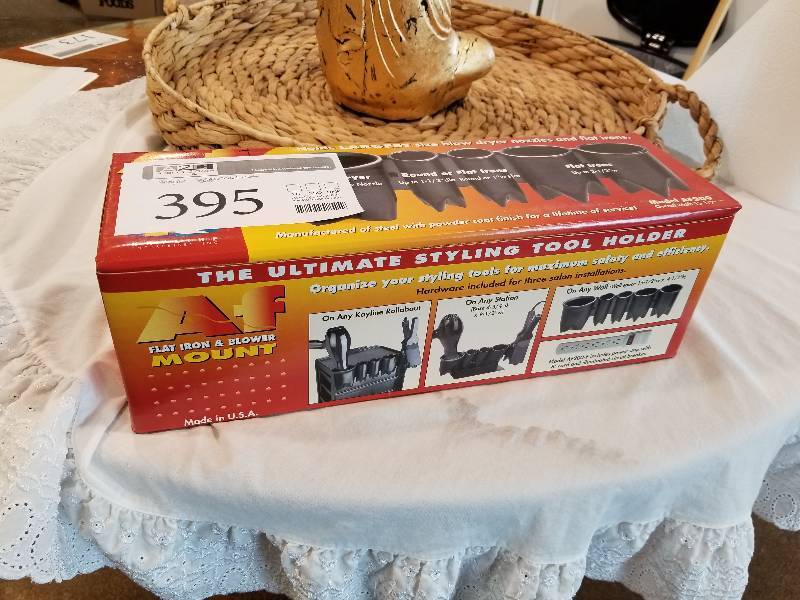 lot 395 image: Ultimate Styling Tools 5-Pocket Hair Care Flat Iron & Blower Mount Caddy w Power Strip