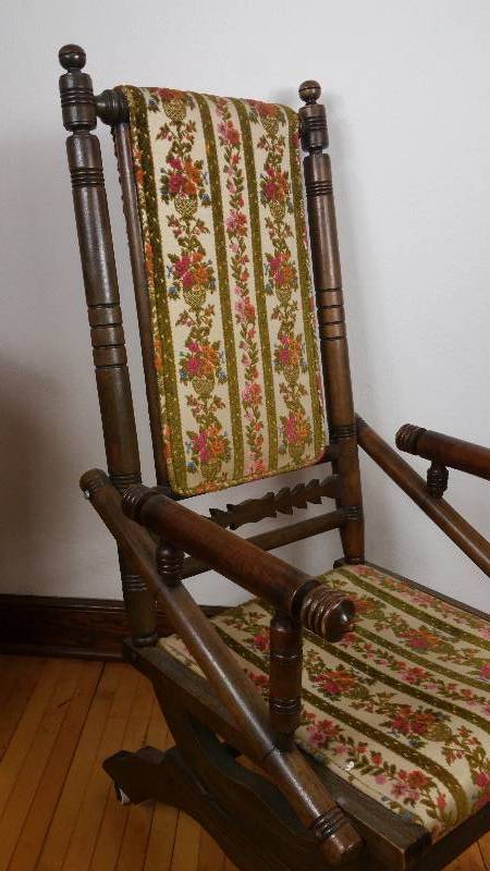 lot 15 image: Antique Platform Spring Rocking Chair Tapestry Upholstery