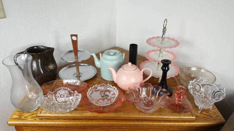lot 81 image: Danish Mod Serving Tray, Tea Pots, Depression Glass, and More