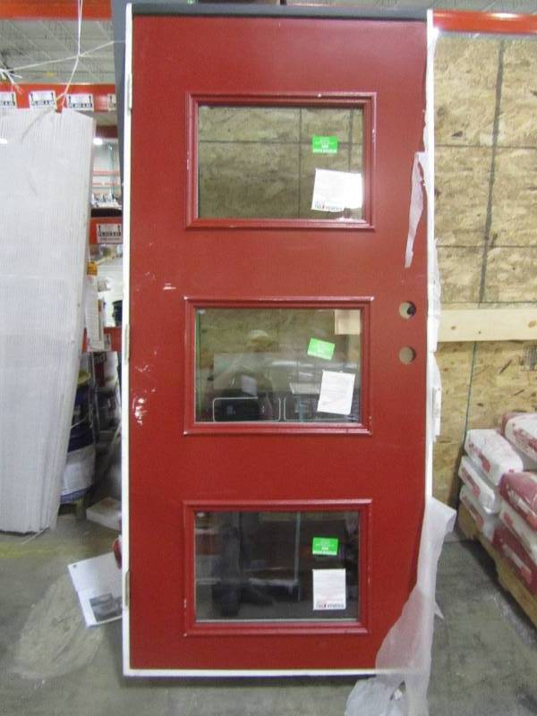 lot 94 image: Builders Choice 36 in. x 80 in. Cordovan 3 Lite Clear Glass Painted Fiberglass Prehung Front Door with Brickmould