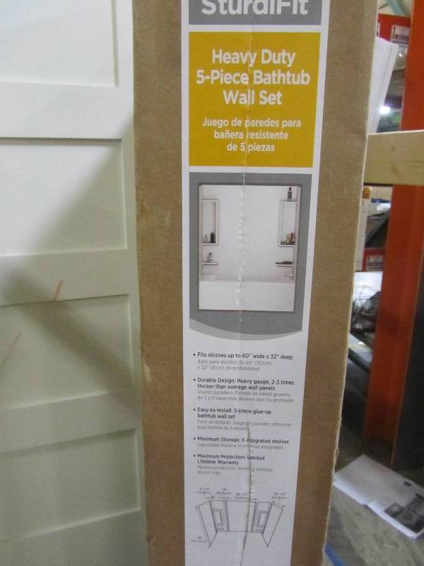 lot 96 image: Sturdifit 32 in. x 60 in. x 58 in. 5-Piece Easy Up Adhesive Tub Wall in White