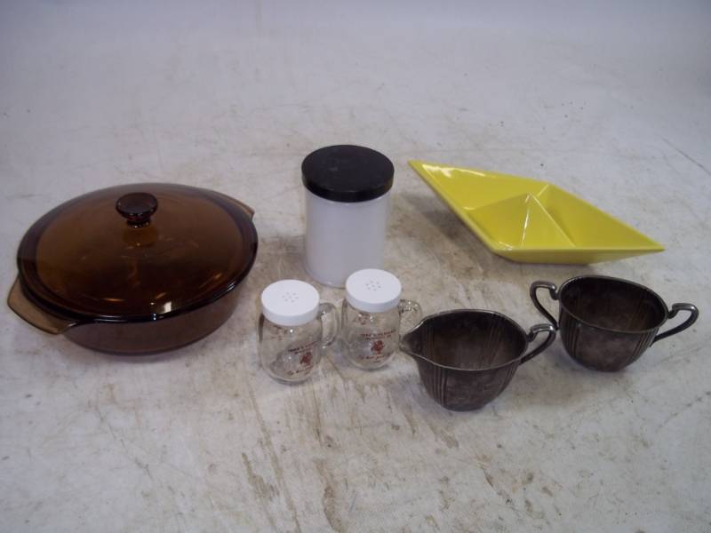Brown Glass Casserole, salt n pepper shakers, Ponds Jar, Yellow dish, Cream and Sugar bowl