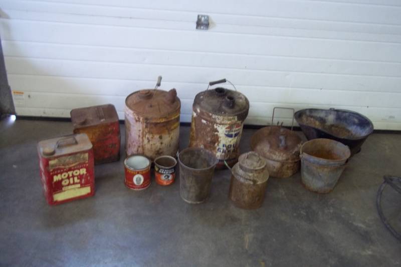 Lot of Oil cans, pails and gas can