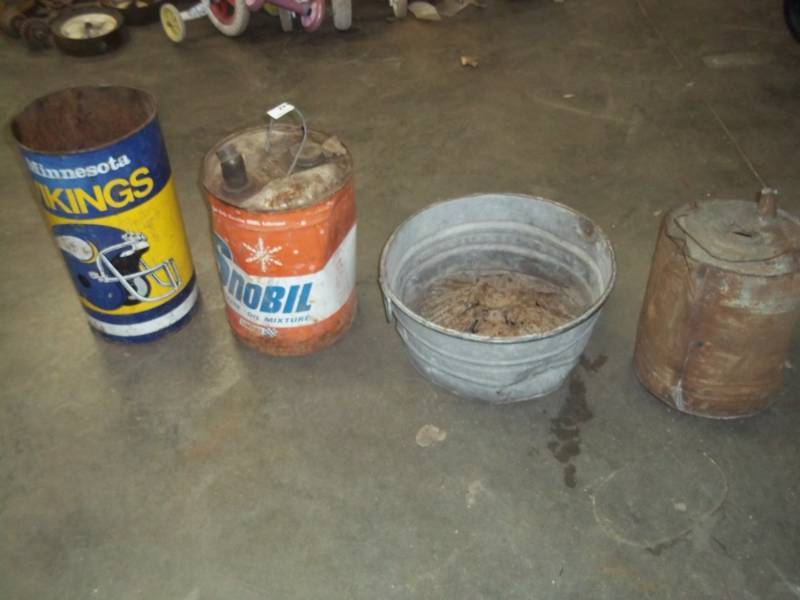 Vintage Oil can, Viking Garbage can and containers