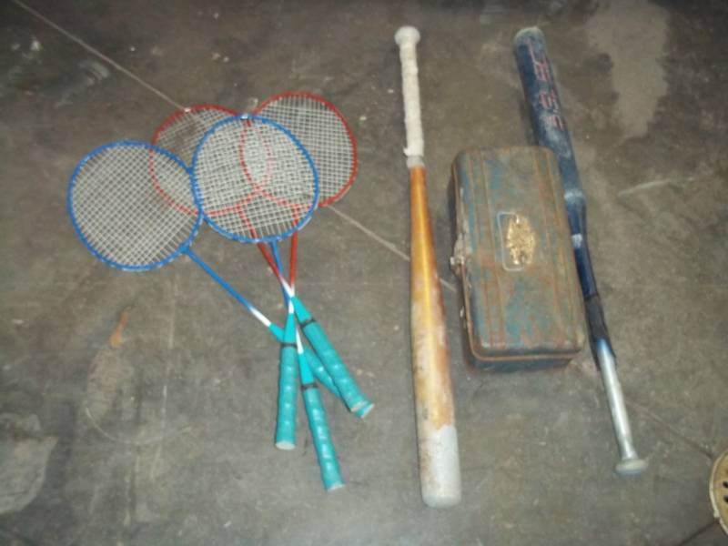 Aluminum bats, Rackets and tackle box