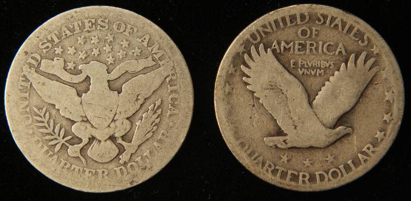 2 SILVER QUARTERS 1928-S STANDING LIBERTY, 1909 BARBER