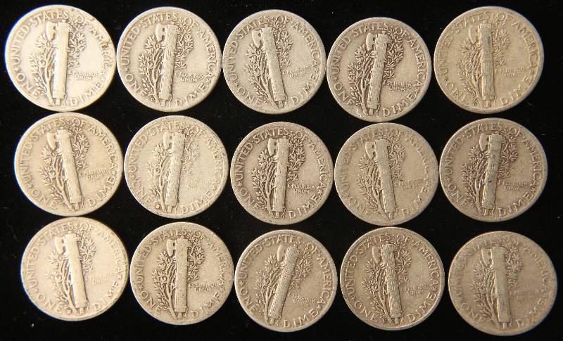 GROUP OF 15 US MERCURY SILVER DIMES