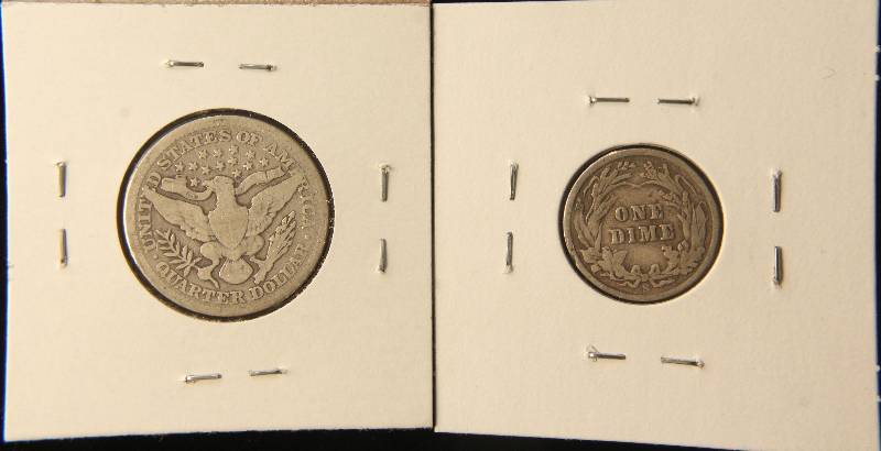 2 SILVER BARBER COINS 1901 25C VG & 1902-S 10C VG
