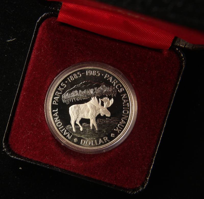 1985 CANADA NATIONAL PARKS MOOSE SILVER DOLLAR PROOF IN ORIGINAL PKG
