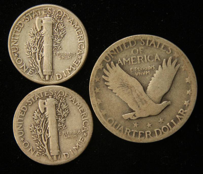 3 SILVER COINS 1929 STANDING 25C, 1942 & 1944 MERCURY 10C