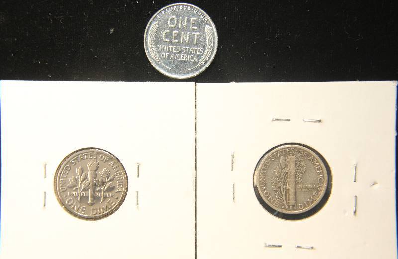 3 US COINS 1943 WAR 1C, 1936-S MERCURY 10C, 1968-S PROOF 10C