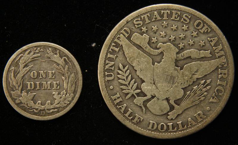 2 SILVER BARBER COINS 1912 50C, 1912-D 10C (FINE)