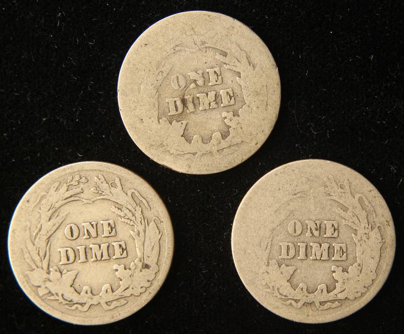 3 SILVER BARBER DIMES 1902, 1905, 1916