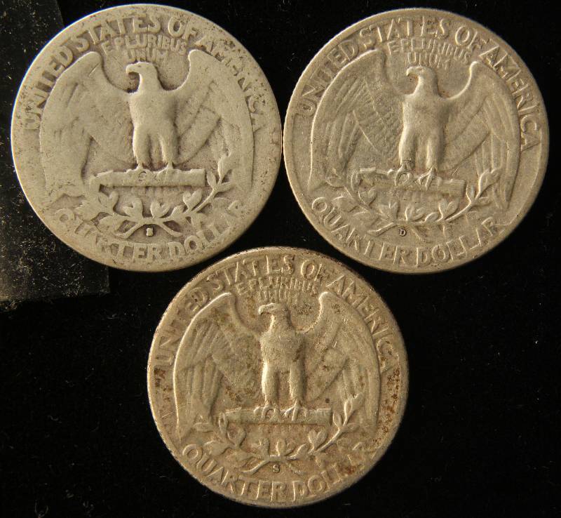3 SILVER WASHINGTON QUARTERS  1943-S 1945-D 1951-S