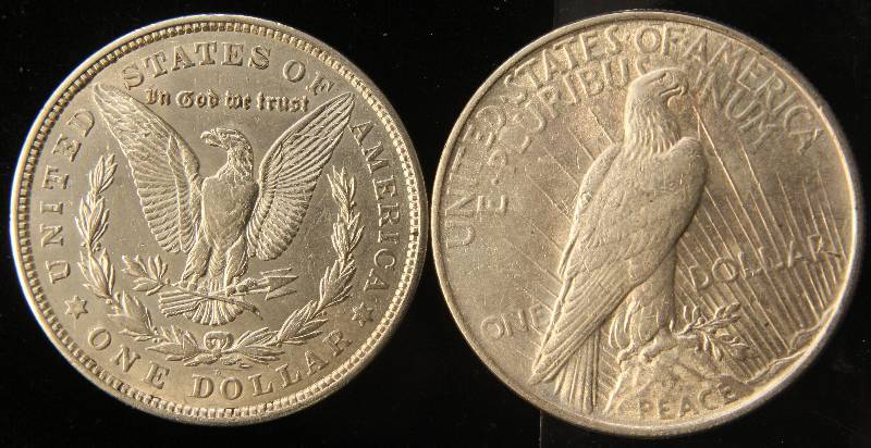 2 SILVER DOLLARS 1921-D MORGAN & 1922 PEACE AU-UNC