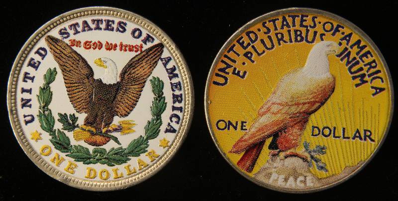 2 SILVER DOLLARS 1921 MORGAN & 1922 PEACE COLOR ENHANCED