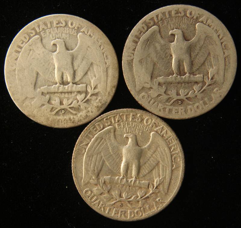 3 SILVER WASHINGTON QUARTERS  1936-D 1943-D 1948-S