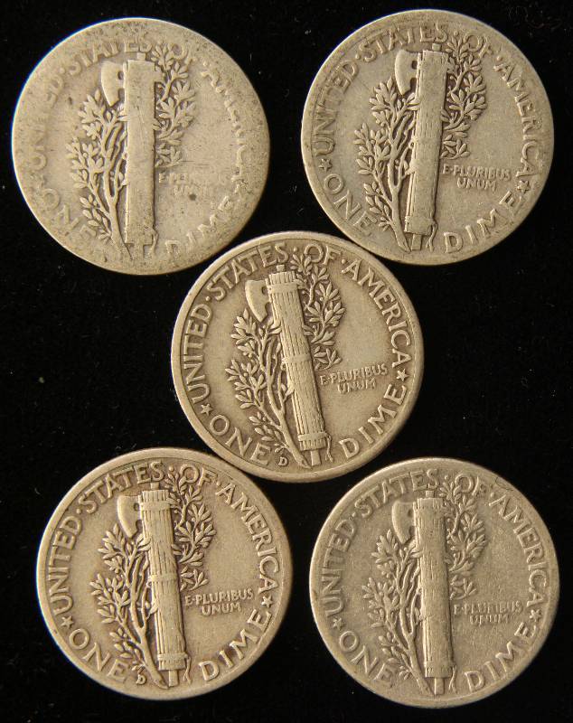 GROUP OF 5 US MERCURY SILVER DIMES