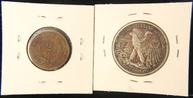 2 US COINS 1865 2C & 1943-D WALKING LIBERTY HALF