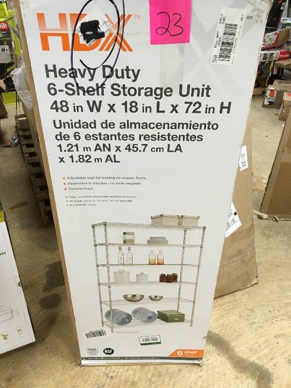 lot 23 image: HDX 48 in. W x 72 in. H x 18 in. D Decorative Wire Chrome Heavy Duty Shelving Unit