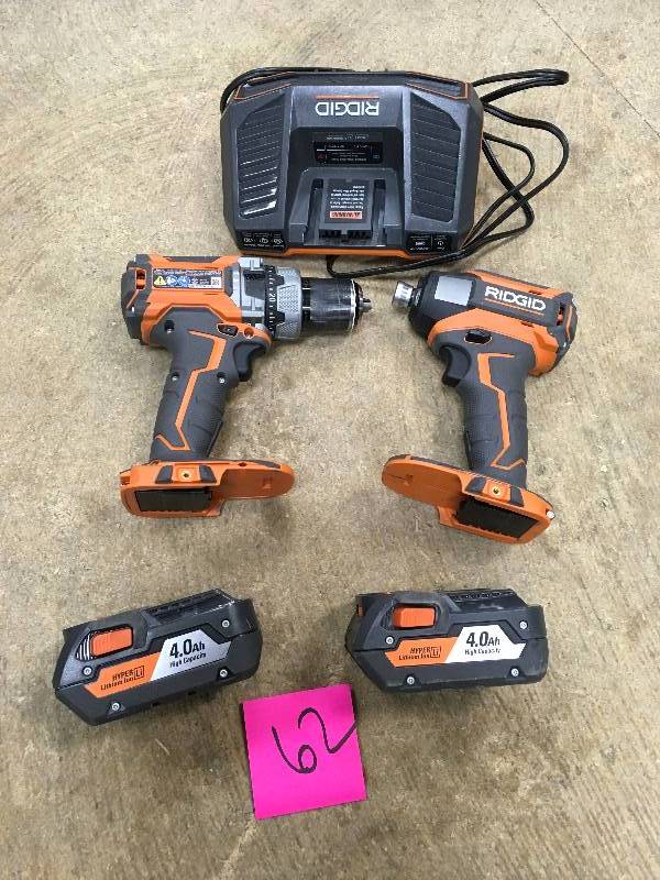 lot 62 image: Ridgid 18-Volt Lithium-Ion Cordless Brushless DrillDriver and Impact Driver Combo Kit