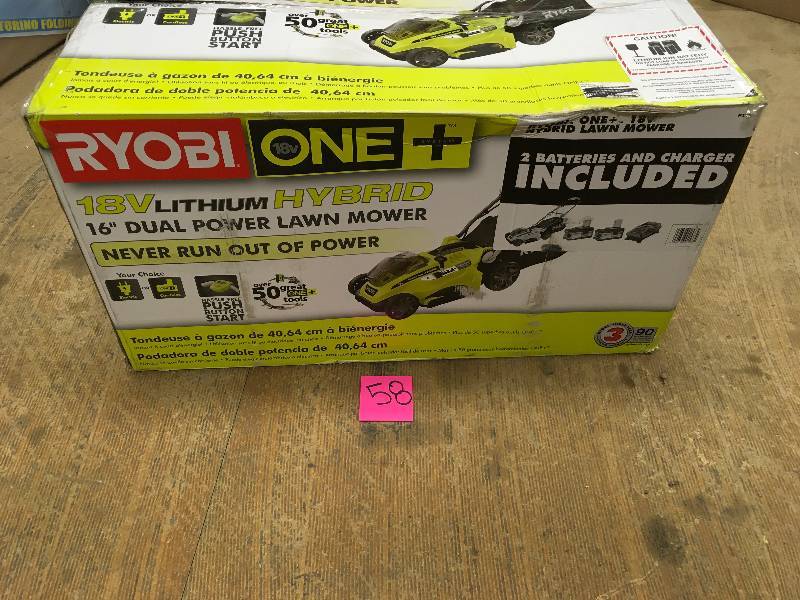 lot 58 image: Ryobi One 18V Lithium Hybrid 16 dual power lawn mower not used