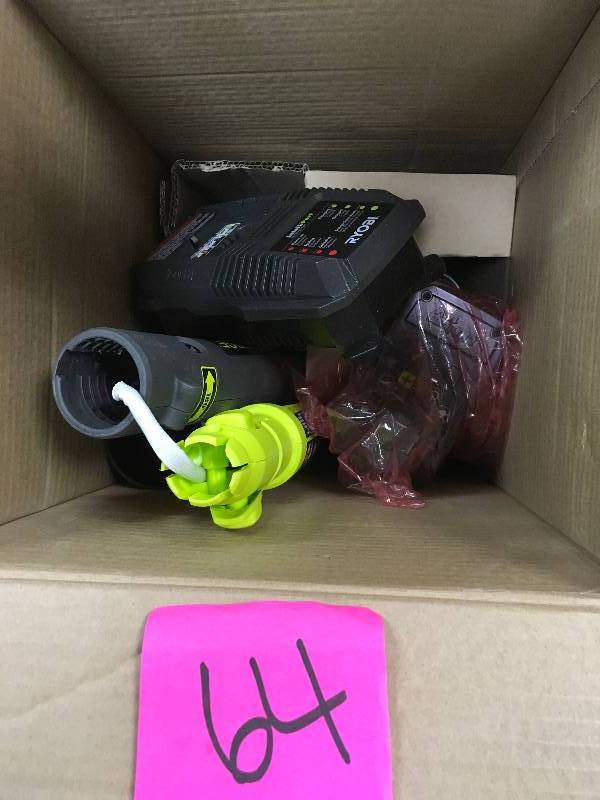 lot 64 image: Ryobi ONE 18-Volt Lithium-Ion String TrimmerEdger and BlowerSweeper Combo Kit - 2.6 Ah Battery and Charger Included used in good working condition