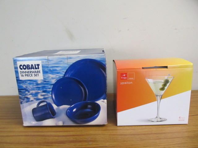 lot 40 image: NIB Cobalt Blue Stoneware Dish Set & NIB Martini Glasses