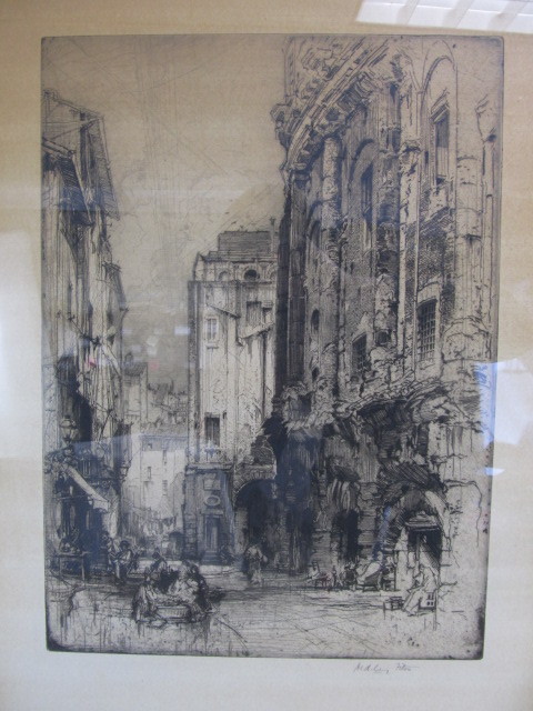 lot 107 image: Original Antique 19th Century Framed Signed City Scene Etching by Hedley Hilton