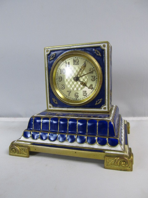 lot 7 image: Vintage German Brass Cobalt Blue Ceramic & Enamel Desk Clock