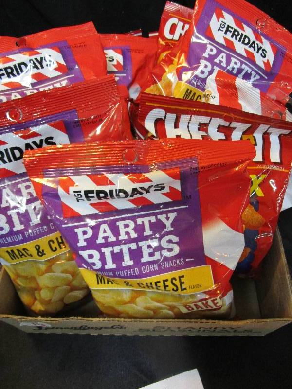 lot 16 image: Cheese Its and Party Bite Snacks Shelf Pulled Candy