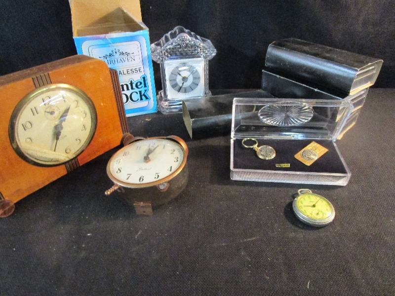 lot 129 image: Key Chains, Pocket Watches, Money Clips, Various Clocks and Goodies