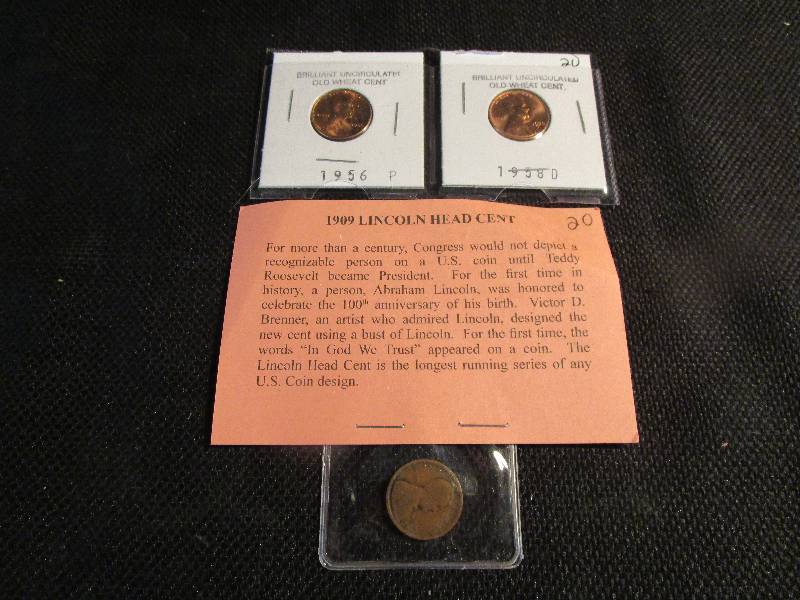 1909  Lincoln Head Cent and 2- Old Wheat cents