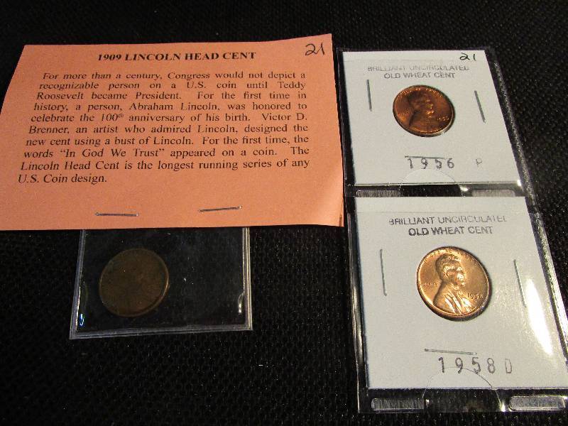 1909  Lincoln Head Cent and 2- Old Wheat cents